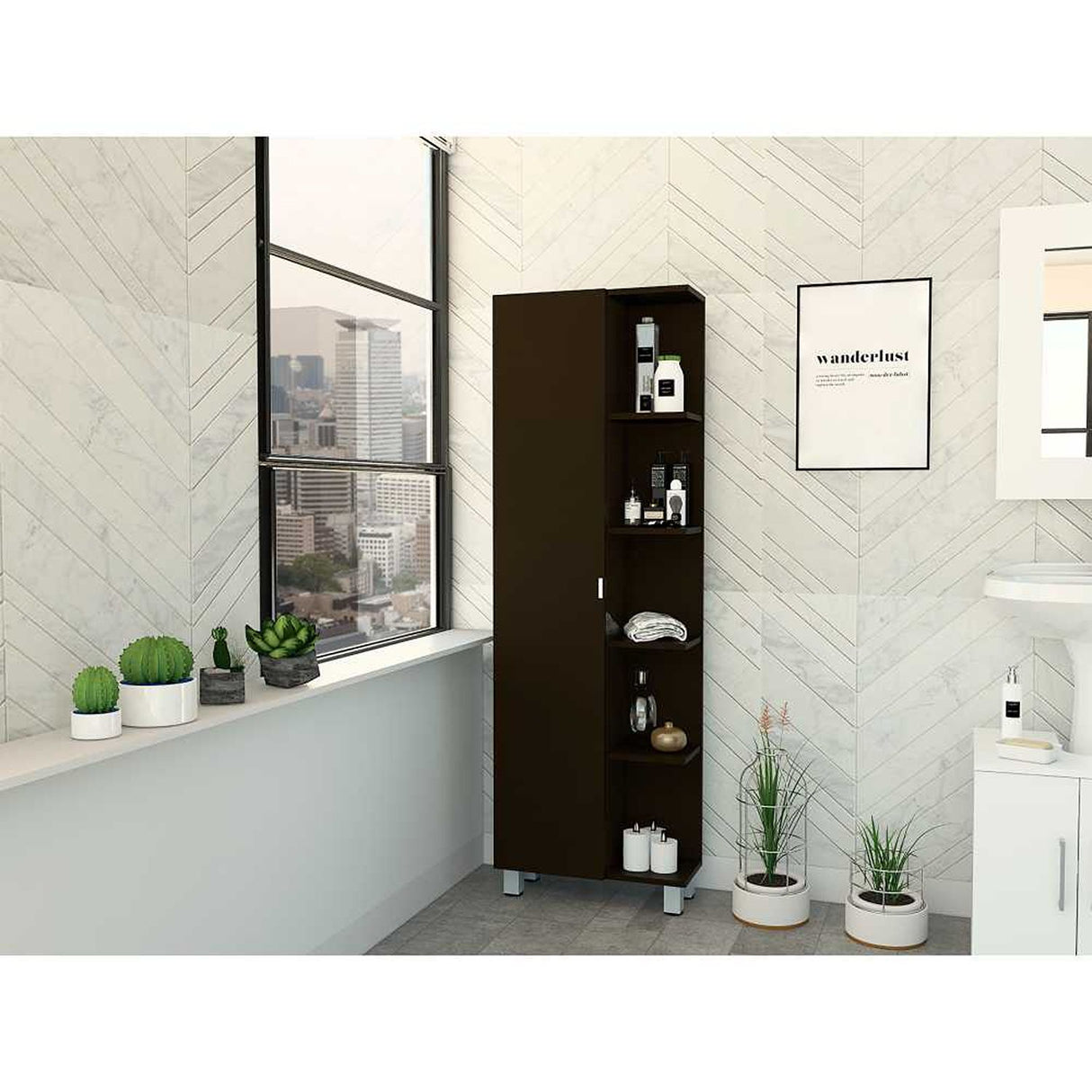 Mueble para Baño Esquinero Urano Wengue 51.2x158cm sin Cajones y con Cuatro Entrepaños - Gabinetes | Bylmo