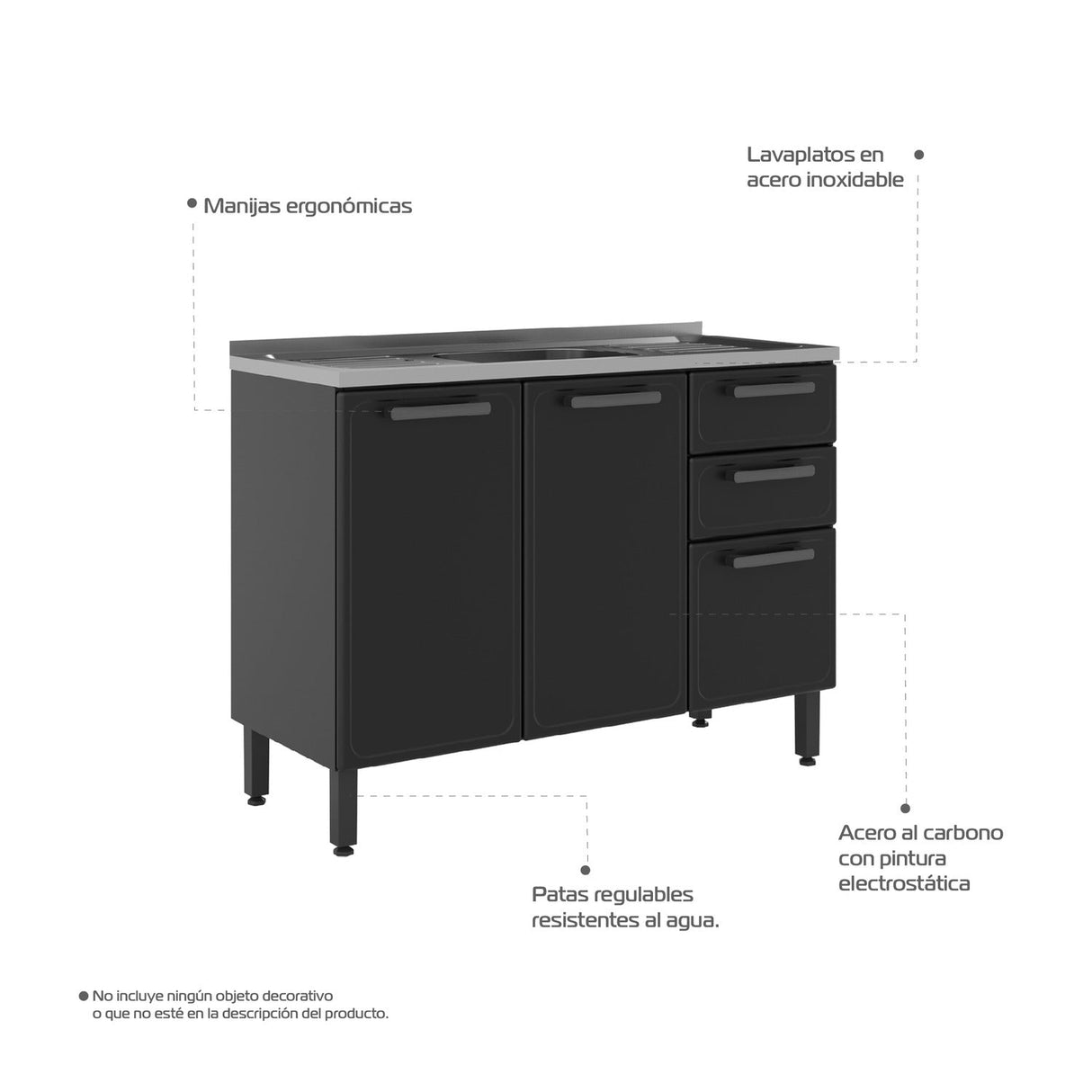 Mueble Inferior Baqui con Lavaplatos Central, Dos Puertas y Tres Cajones Gris 120 cm - Muebles Inferiores | Bylmo