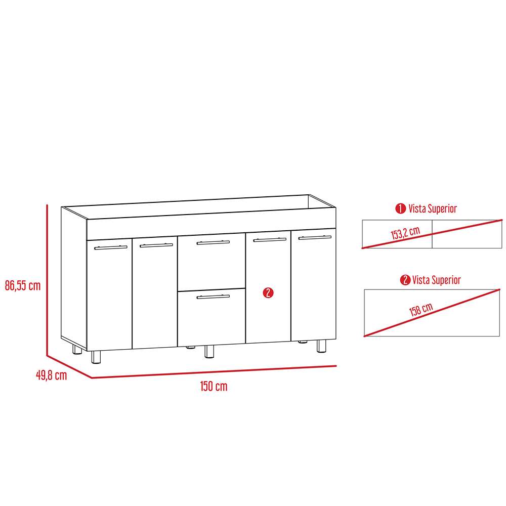 Mueble Inferior con Cuatro Puertas y Dos Cajones Luna Miel y Wengue 150 cm - Cocinas | Bylmo