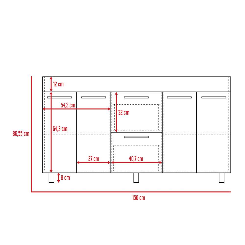 Mueble Inferior con Cuatro Puertas y Dos Cajones Luna Miel y Wengue 150 cm - Cocinas | Bylmo