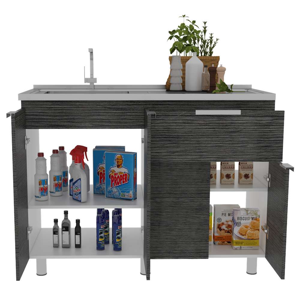 Mueble Inferior Fendi Roble Gris 120x88cm con Mesón de Acero Inoxidable y con Pozuelo Para Izquierdo O Derecho - Cocinas | Bylmo