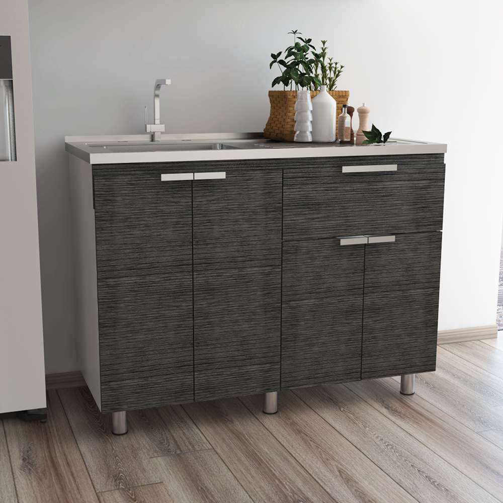 Mueble Inferior Fendi Roble Gris 120x88cm con Mesón de Acero Inoxidable y con Pozuelo Para Izquierdo O Derecho - Cocinas | Bylmo