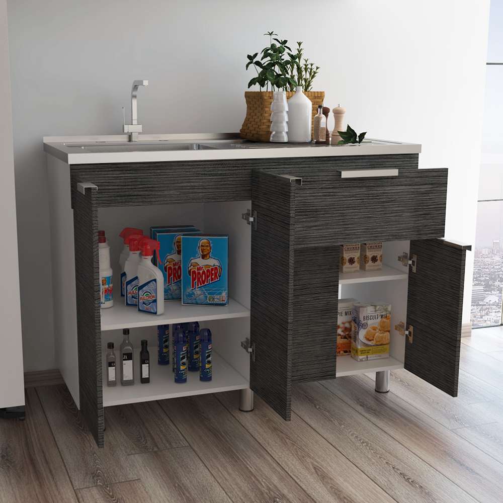 Mueble Inferior Fendi Roble Gris 120x88cm con Mesón de Acero Inoxidable y con Pozuelo Para Izquierdo O Derecho - Cocinas | Bylmo