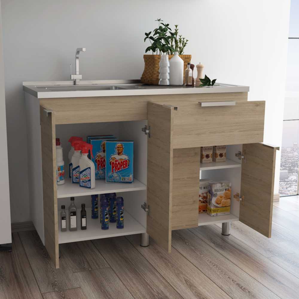 Mueble Inferior Fendi Rovere 120x88cm con Mesón de Acero Inoxidable y con Pozuelo Para Izquierdo O Derecho - Cocinas | Bylmo