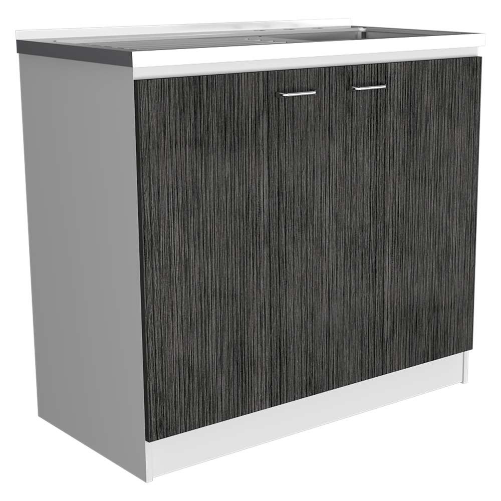Mueble Inferior Napoles Blanco Nevado y Roble Gris 100x90cm con Mesón de Acero Inoxidable y con Pozuelo Lado Derecho - Cocinas | Bylmo