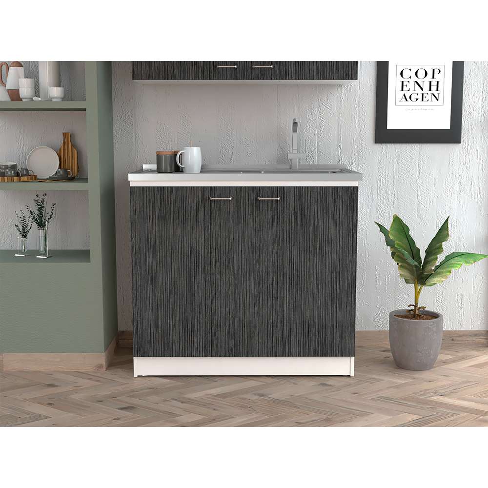 Mueble Inferior Napoles Blanco Nevado y Roble Gris 100x90cm con Mesón de Acero Inoxidable y con Pozuelo Lado Derecho - Cocinas | Bylmo