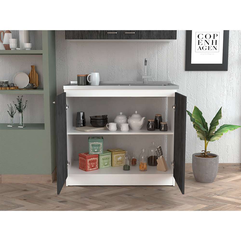 Mueble Inferior Napoles Blanco Nevado y Roble Gris 100x90cm con Mesón de Acero Inoxidable y con Pozuelo Lado Derecho - Cocinas | Bylmo