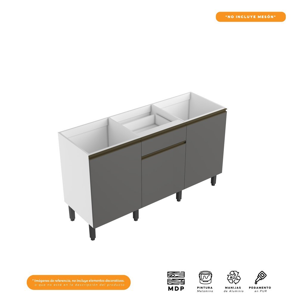 Mueble Inferior Santiago Grafito 150x88cm con Mesón de Madera y sin Pozuelo - Cocinas | Bylmo