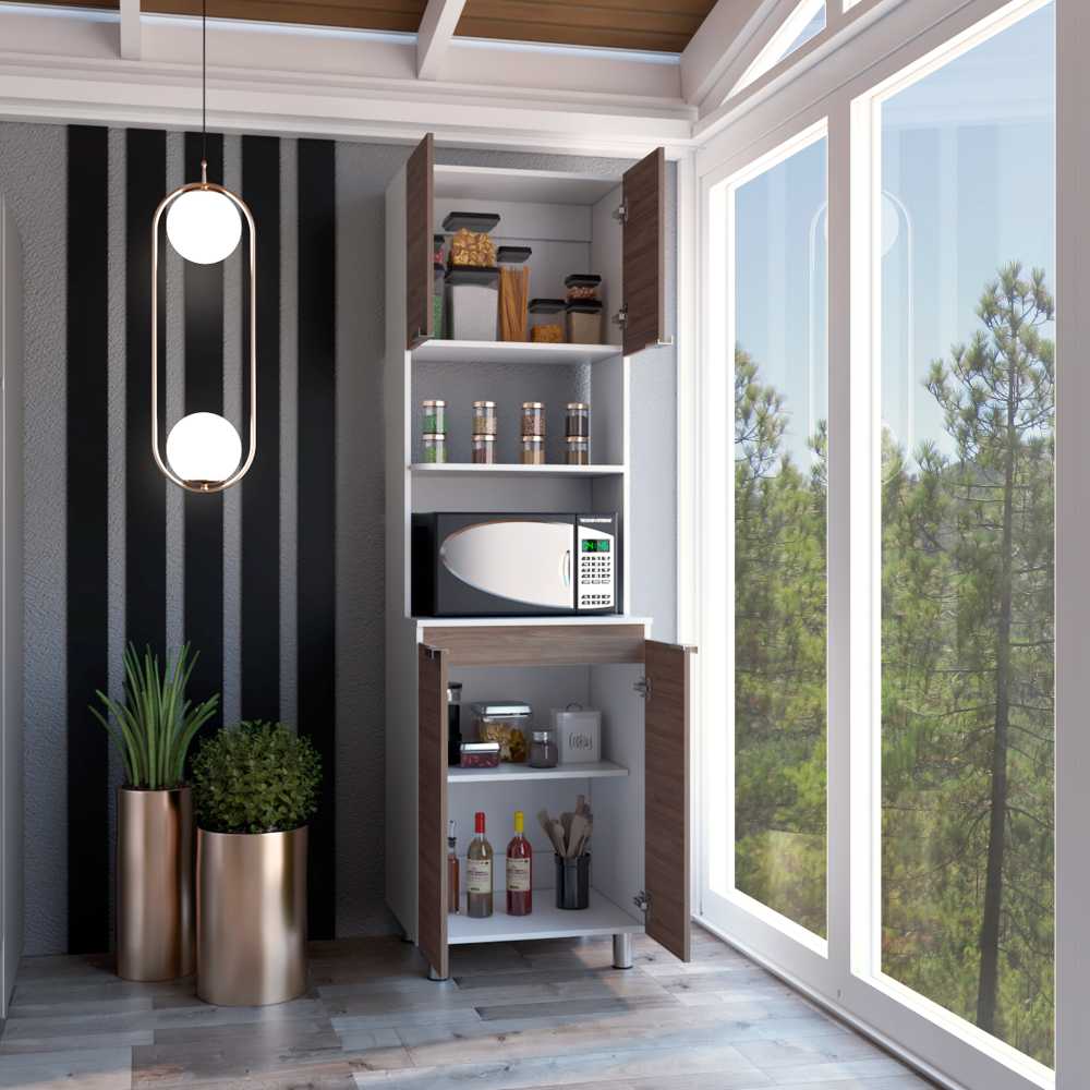 Mueble Microondas Fendi Blanco y Castaño 60x205cm sin Cajones y con Cuatro Puertas - Muebles Organizadores | Bylmo