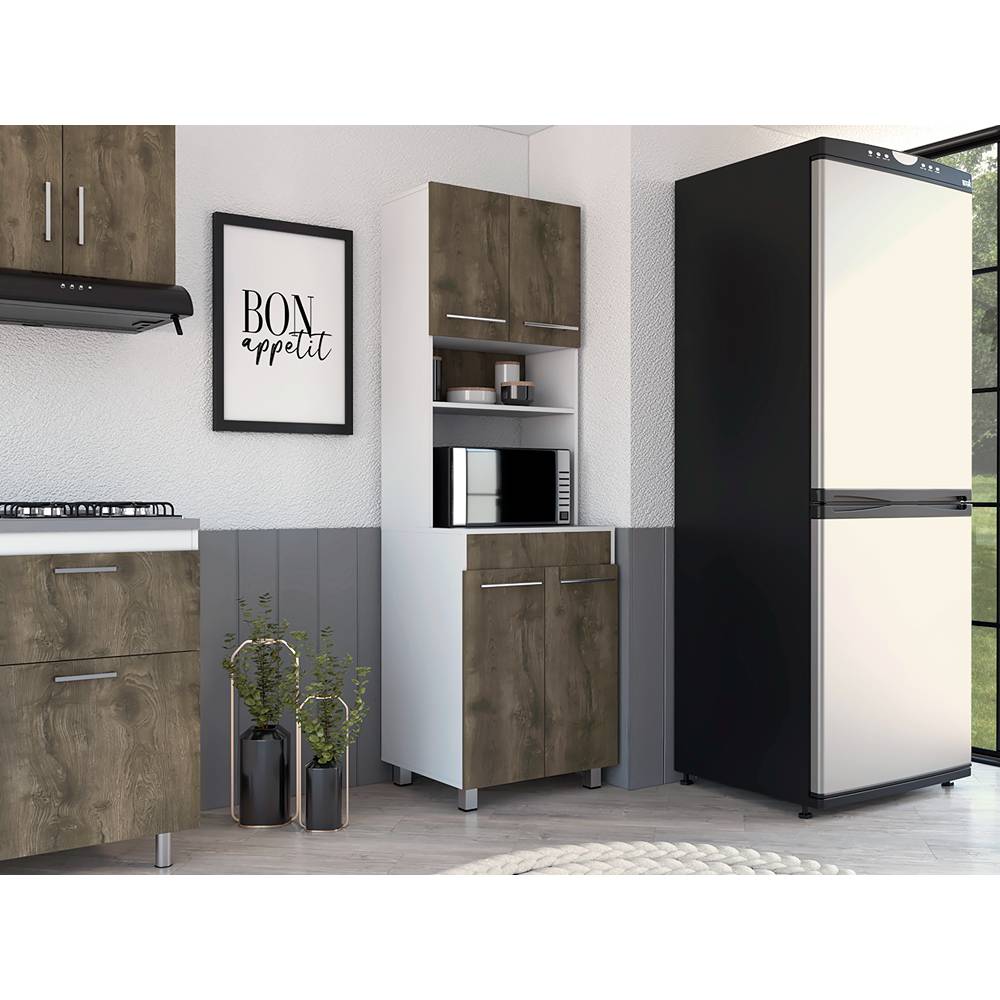 Mueble Microondas Vimo Bellota y Blanco 60 cm con Cuatro Puertas y Entrepaño - Muebles Organizadores | Bylmo