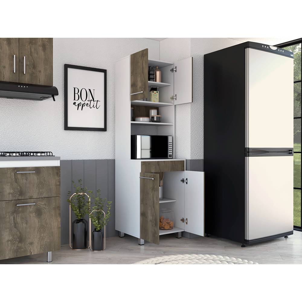 Mueble Microondas Vimo Bellota y Blanco 60 cm con Cuatro Puertas y Entrepaño - Muebles Organizadores | Bylmo