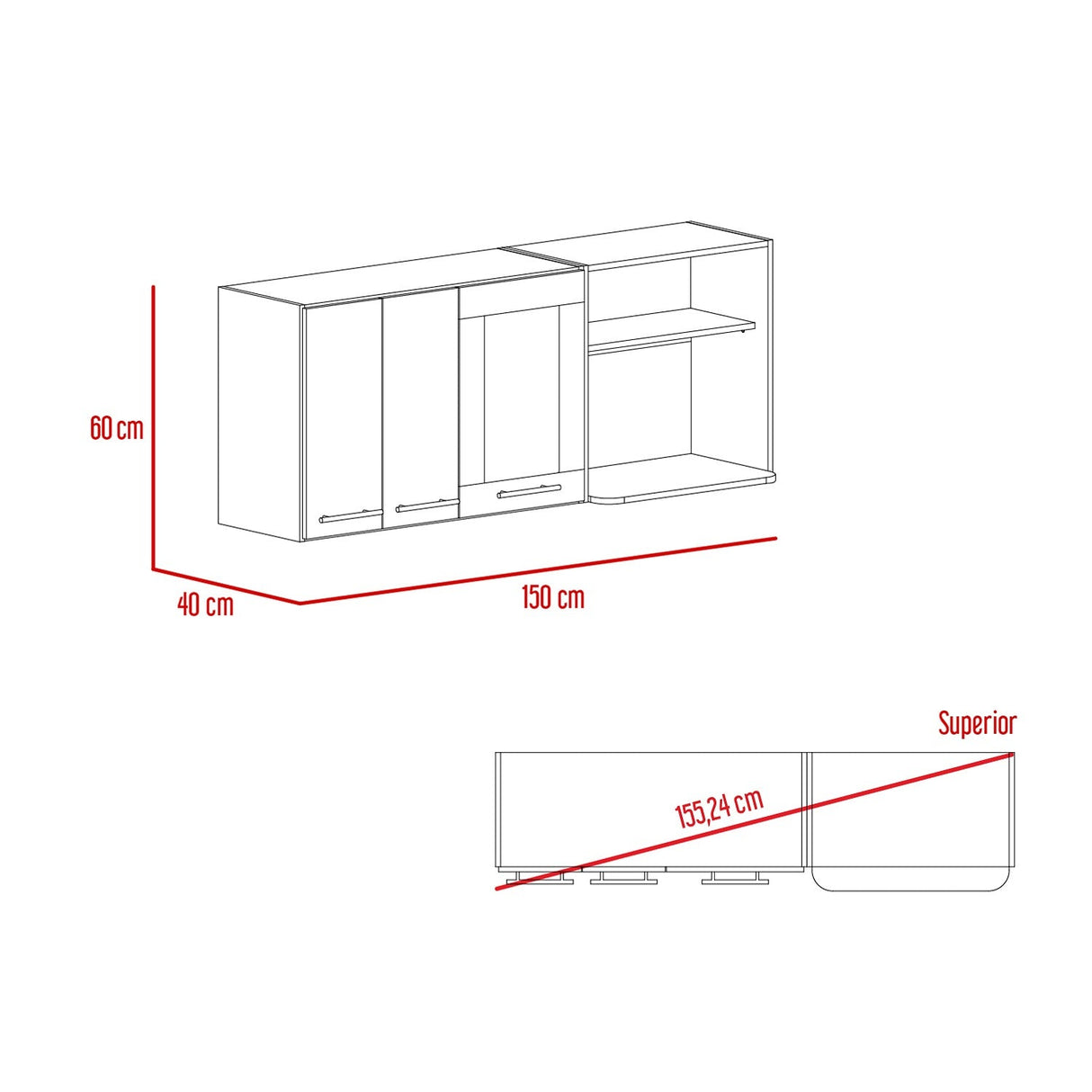 Mueble Superior de Cocina Hasselt Gris y Rovere 150x60cm con Tres Puertas con Locero y con Espacio para Microondas - Muebles Superiores | Bylmo