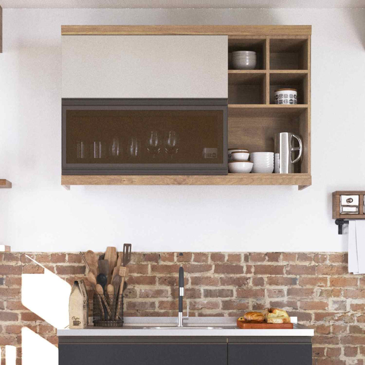 Mueble Superior Maqui con Dos Puertas Abatibles Blanca y Ambar y Entrepaños Madera 120 cm Sin Campana - Muebles Superiores | Bylmo