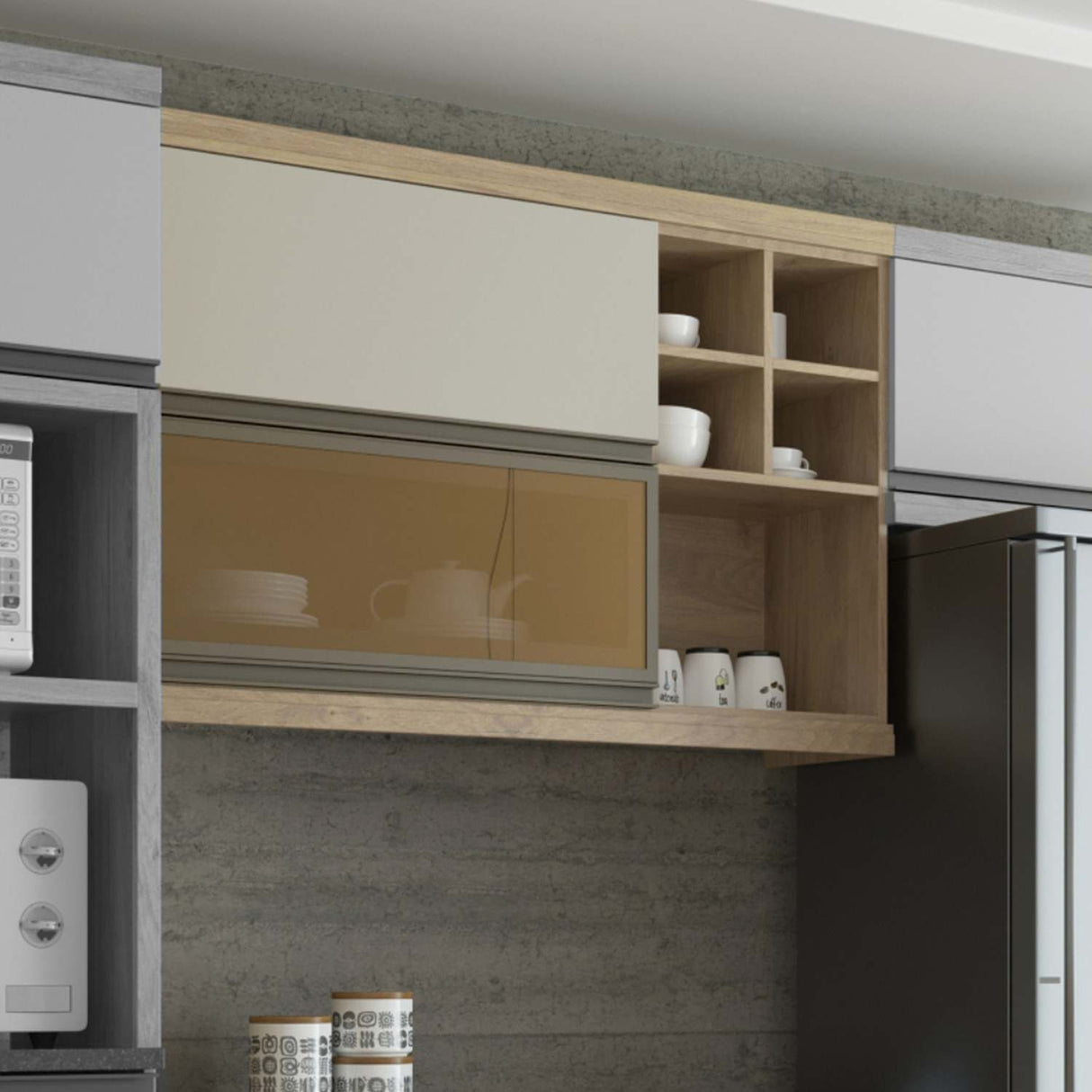 Mueble Superior Maqui con Dos Puertas Abatibles Blanca y Ambar y Entrepaños Madera 120 cm Sin Campana - Muebles Superiores | Bylmo