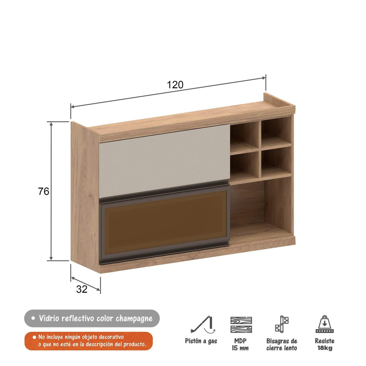 Mueble Superior Maqui con Dos Puertas Abatibles Blanca y Ambar y Entrepaños Madera 120 cm Sin Campana - Muebles Superiores | Bylmo