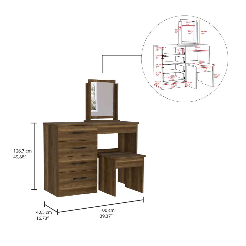 Tocador Kaia Caramelo 100x126.7cm con Cuatro Cajones y con Espejo - Cajoneras | Bylmo