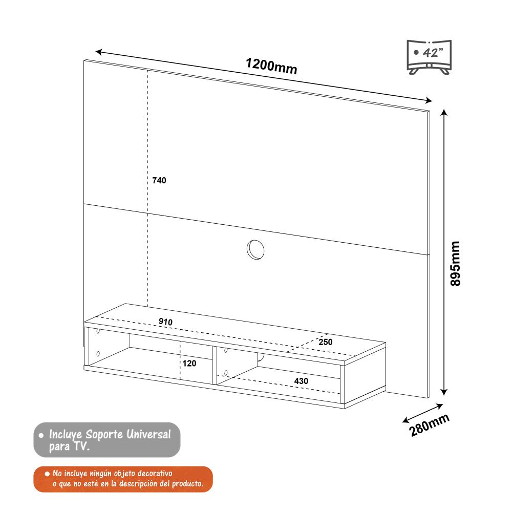 Panel de TV Negro 120x89cm Para TV Hasta 42 Pulgadas sin Cajones y con Ranuras para Cables - Muebles para TV | Bylmo
