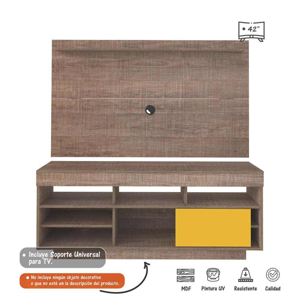 Combo Mueble y Panel de TV Roma Canela y Amarillo 140x139cm para TV Hasta 42 Pulgadas con Ranuras para Cables y con Siete Compartimientos - Muebles para TV | Bylmo