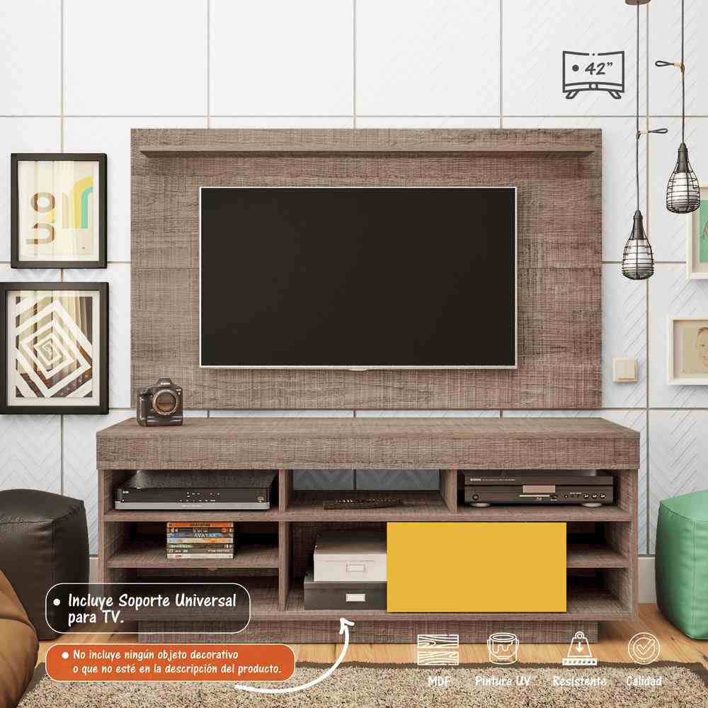 Combo Mueble y Panel de TV Roma Canela y Amarillo 140x139cm para TV Hasta 42 Pulgadas con Ranuras para Cables y con Siete Compartimientos - Muebles para TV | Bylmo