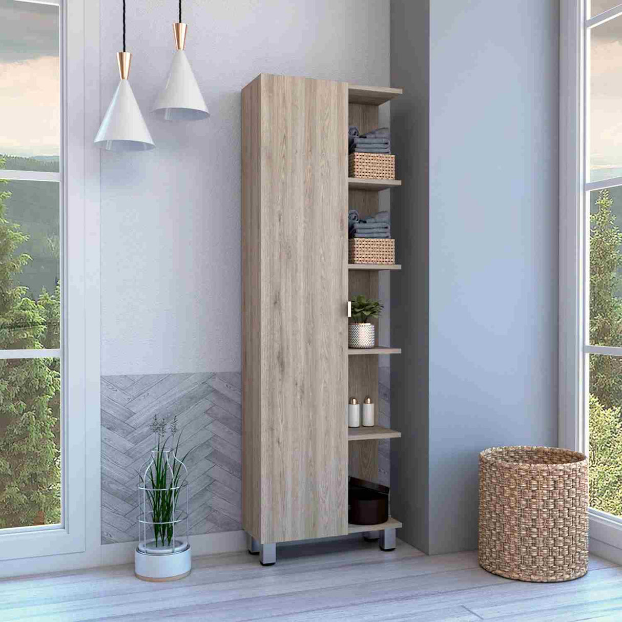 Mueble para Baño Esquinero Urano Ceniza 51x158cm sin Cajones y con Cuatro Entrepaños - Muebles para Baño | Bylmo