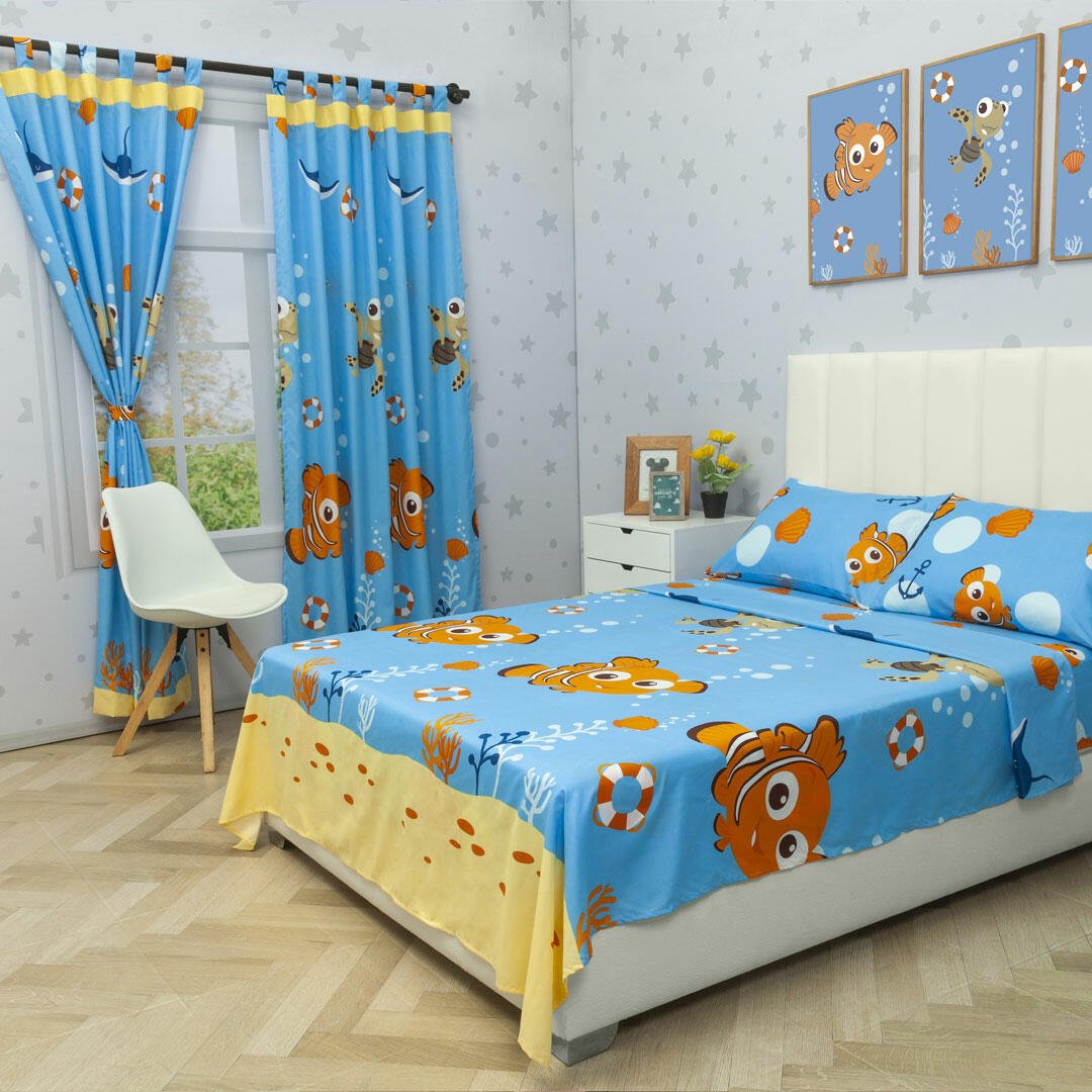 Combo Juego de Sabanas y Cortina Infantil Microfibra Doble 140 cm Azul de Nemo - Ropa de Cama | Bylmo