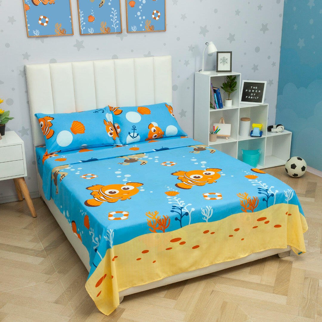 Juego de Sabanas Infantil Microfibra Doble 140 cm Azul de Nemo - Ropa de Cama | Bylmo