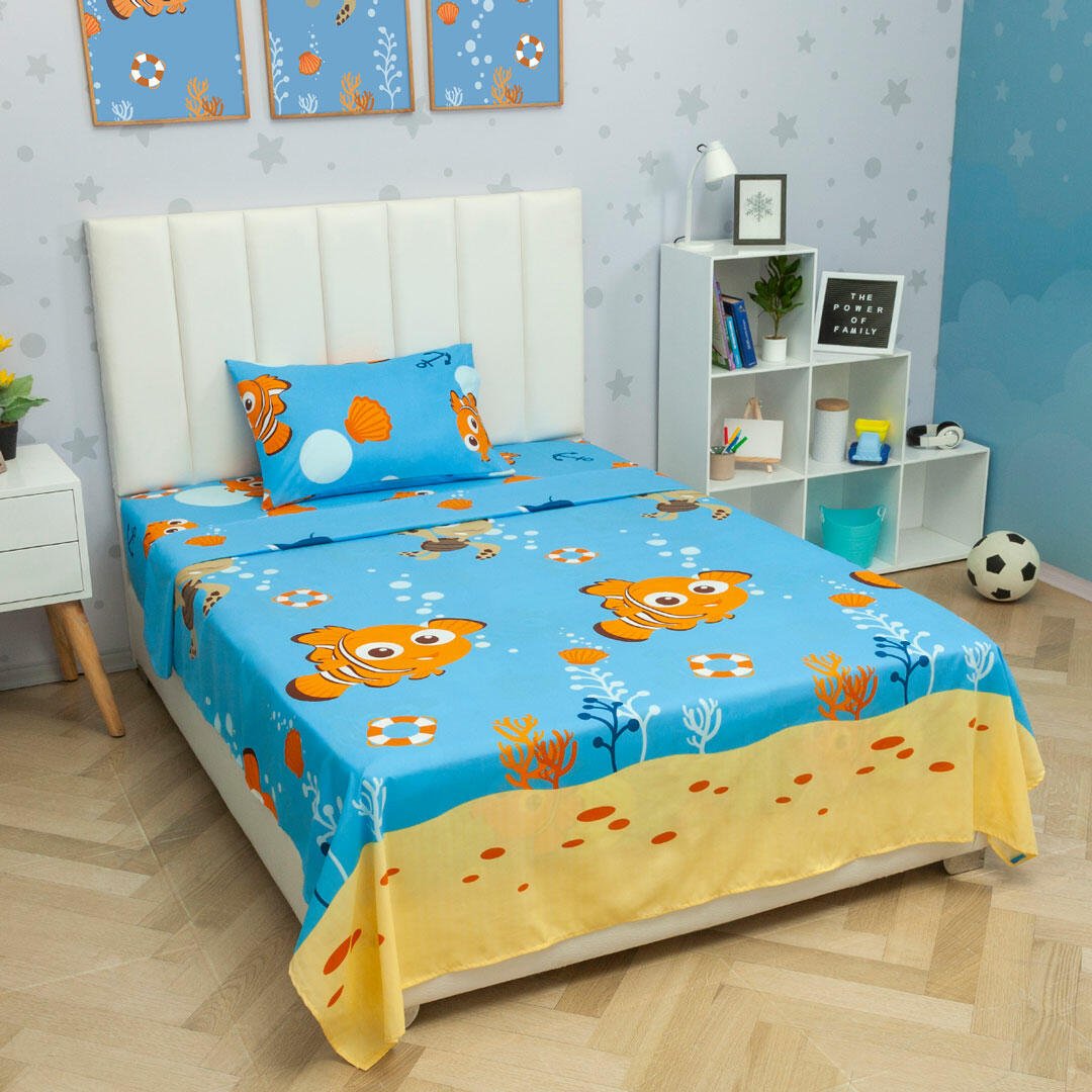Juego de Sabanas Infantil Microfibra Sencilla 100 cm Azul de Nemo - Ropa de Cama | Bylmo