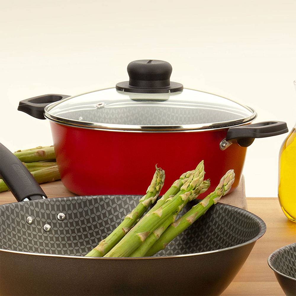 Olla Basic Aluminio 24 cm con Tapa Rojo - Ollas y Sartenes | Bylmo