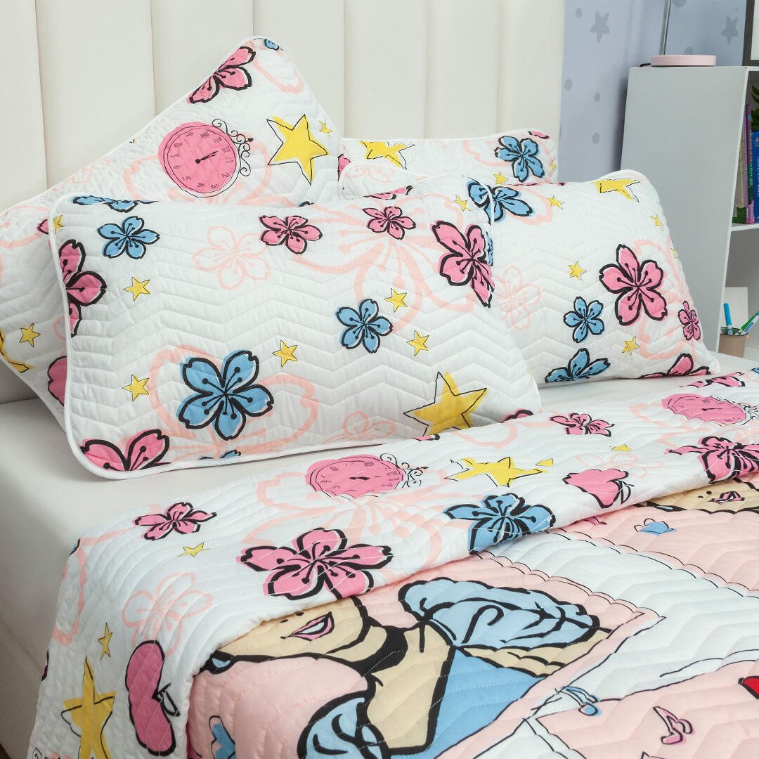 Cubrelecho Español Infantil Rosado y Blanco para Cama Doble 140 X 190 Cm Doble Faz de Princesas - Ropa de Cama | Bylmo