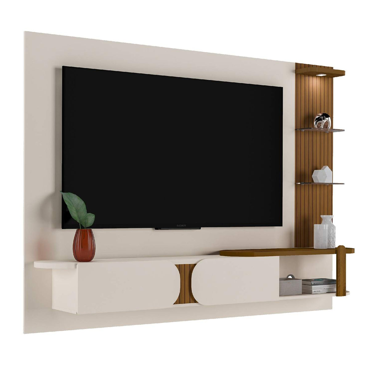 Panel de TV Luxury Pino y Blanco Hueso 200x147cm Para TV Hasta 65 Pulgadas con Dos Cajones y con Ranuras para Cables - Muebles de TV | Bylmo