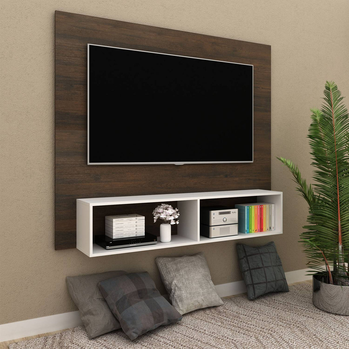 Panel de TV Esperanza Rustico y Blanco 160x136cm Para TV Hasta 65 Pulgadas sin Cajones y con Ranuras para Cables - Muebles para TV | Bylmo