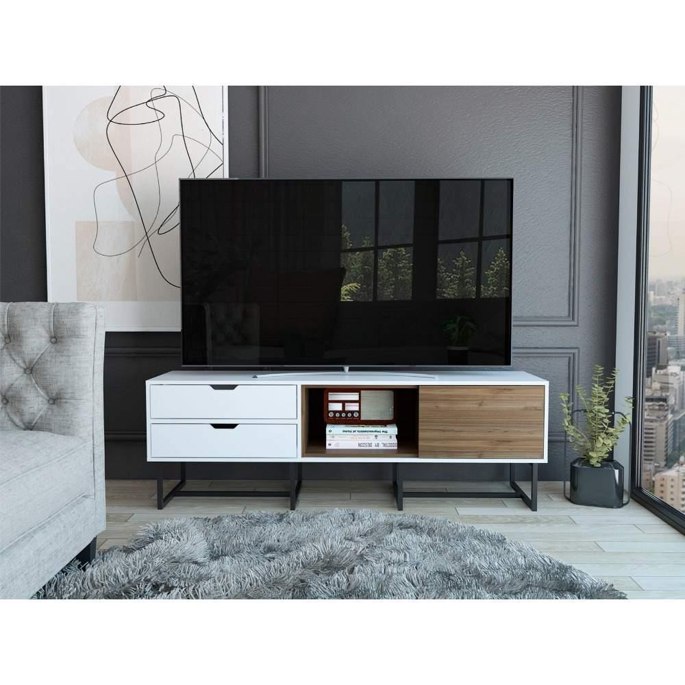Rack Pergamo Blanco y Gales 162 cm con Una Puerta y Dos Cajones - Muebles para TV | Bylmo