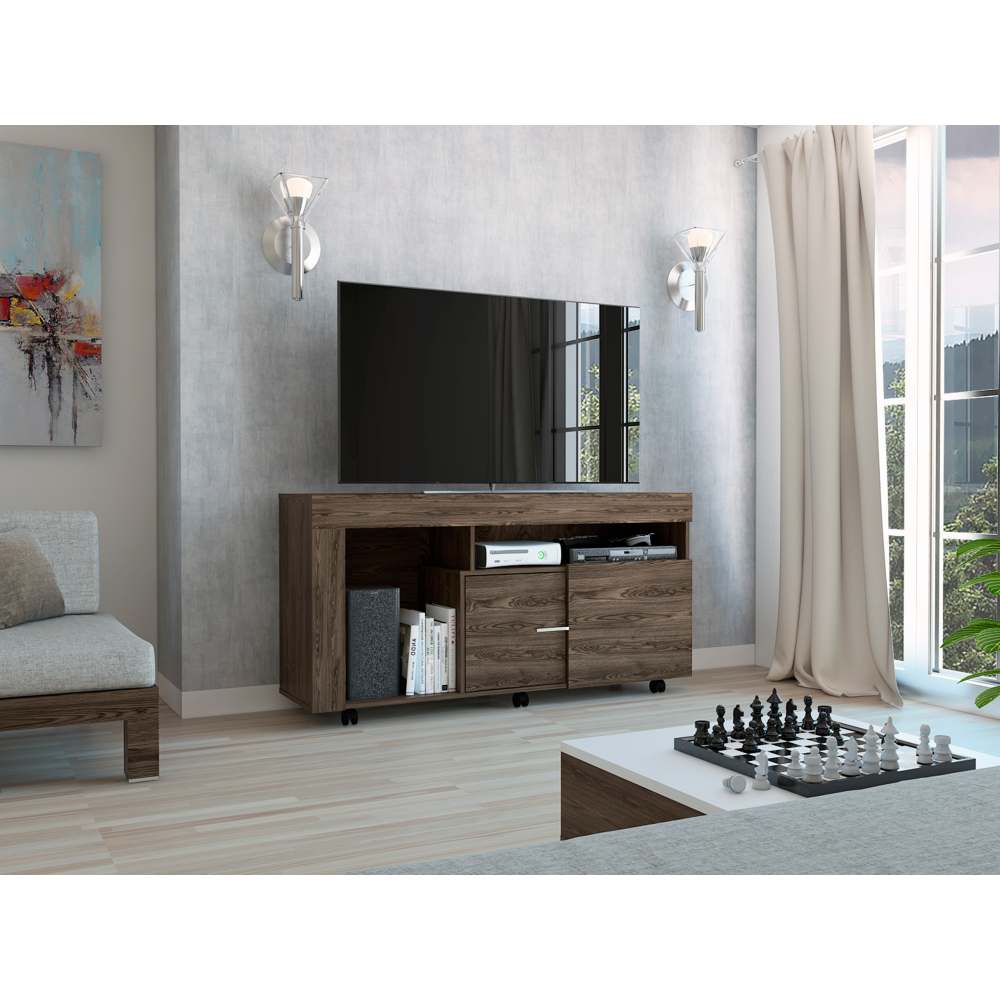 Rack de TV Tolón Coñac 136.2x70cm Para TV Hasta 60 Pulgadas con Dos Cajones y con Ruedas - Muebles para TV | Bylmo