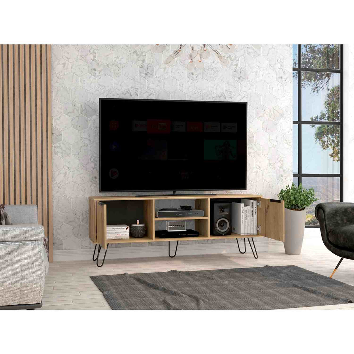 Rack de TV Augusta Duna 150 cm Para TV hasta 65 Pulgadas con Dos Puertas y Patas Metálicas - Muebles de TV | Bylmo