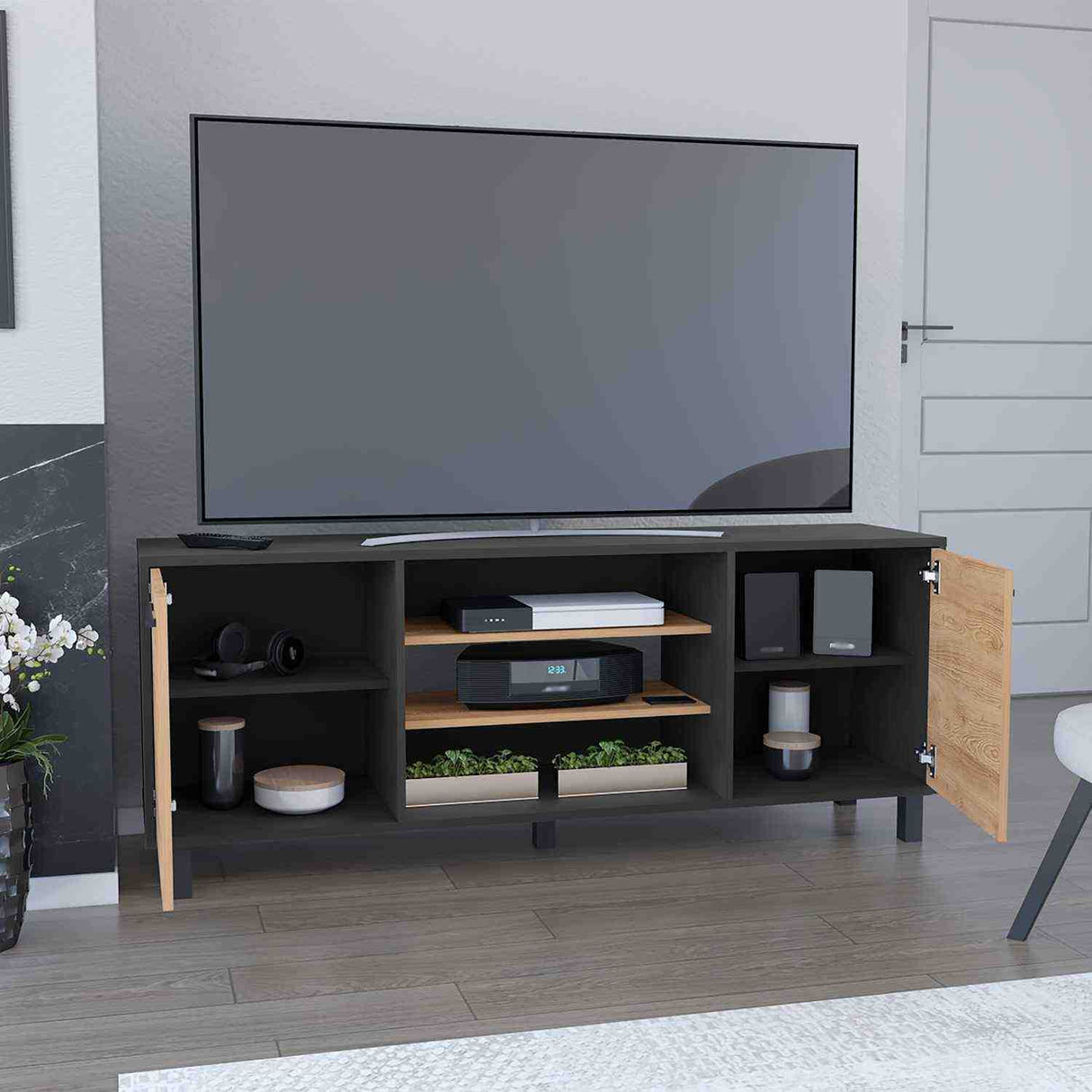 Rack de TV Kaia Wengue 149x58cm Para TV Hasta 65 Pulgadas con Dos Cajones y con Patas - Muebles de TV | Bylmo