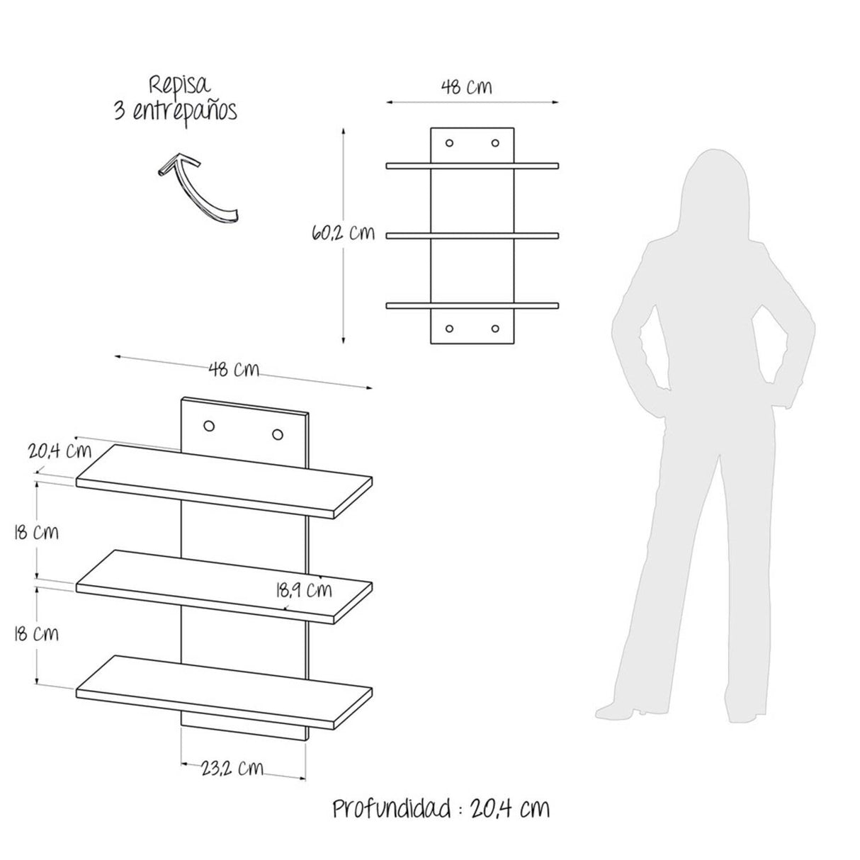 Repisa Ray Rovere 48 cm Rectangular Flotante con Entrepaños - Repisas y Percheros | Bylmo
