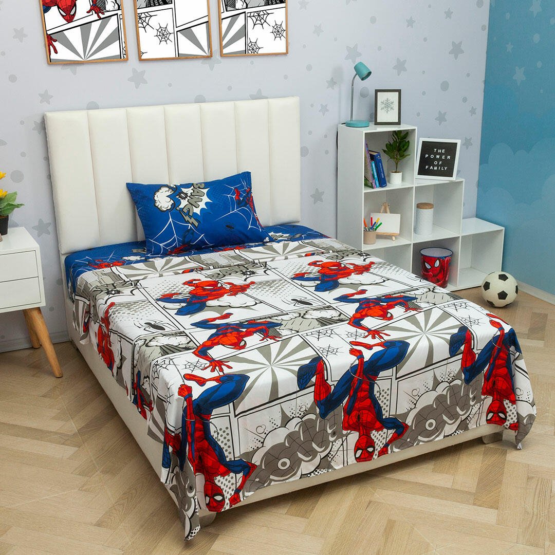 Juego de Sabanas Infantil Microfibra Sencilla 100 cm Blanco de Spiderman - Ropa de Cama | Bylmo
