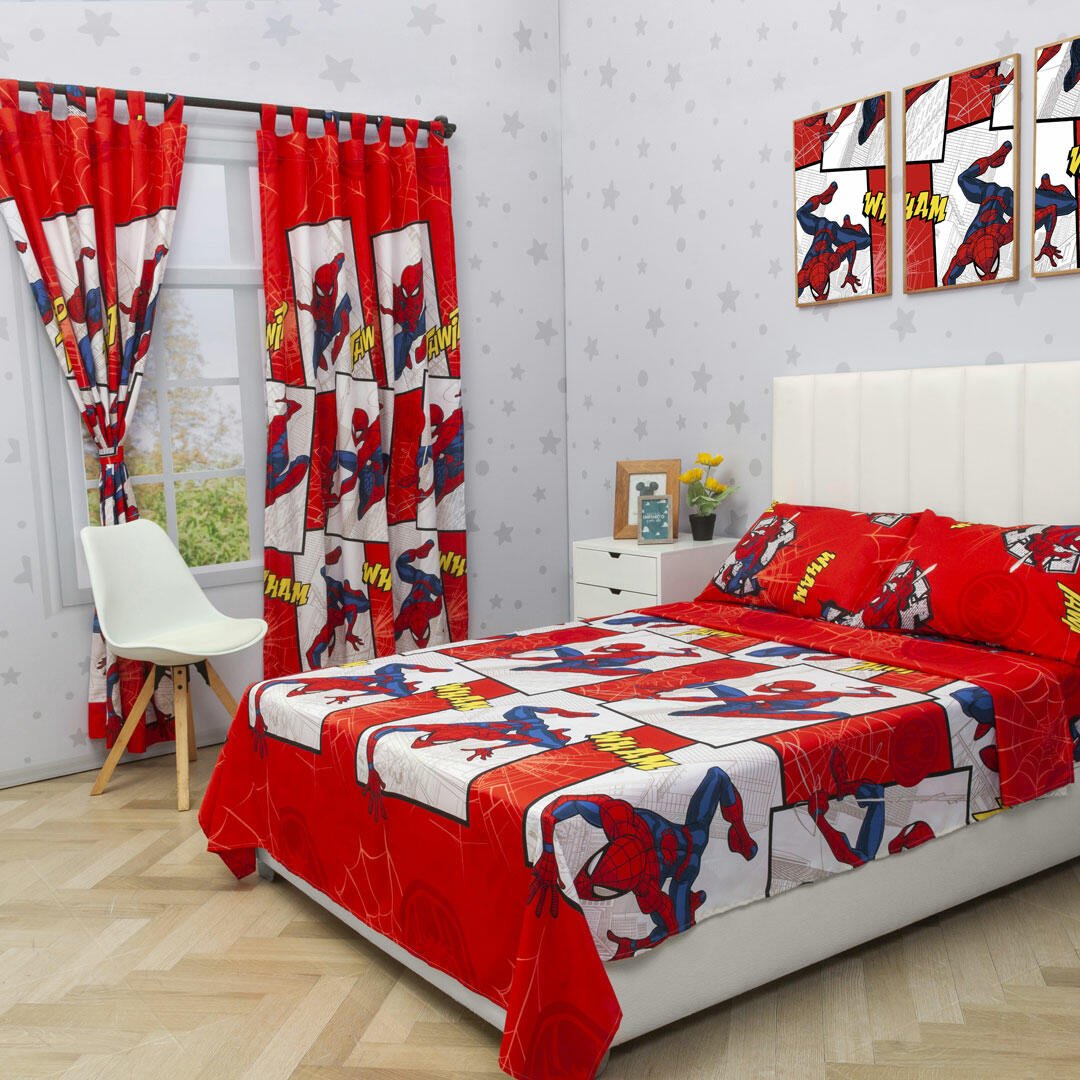 Combo Juego de Sabanas y Cortina Infantil Microfibra Doble 140 cm Rojo de Spiderman - Ropa de Cama | Bylmo