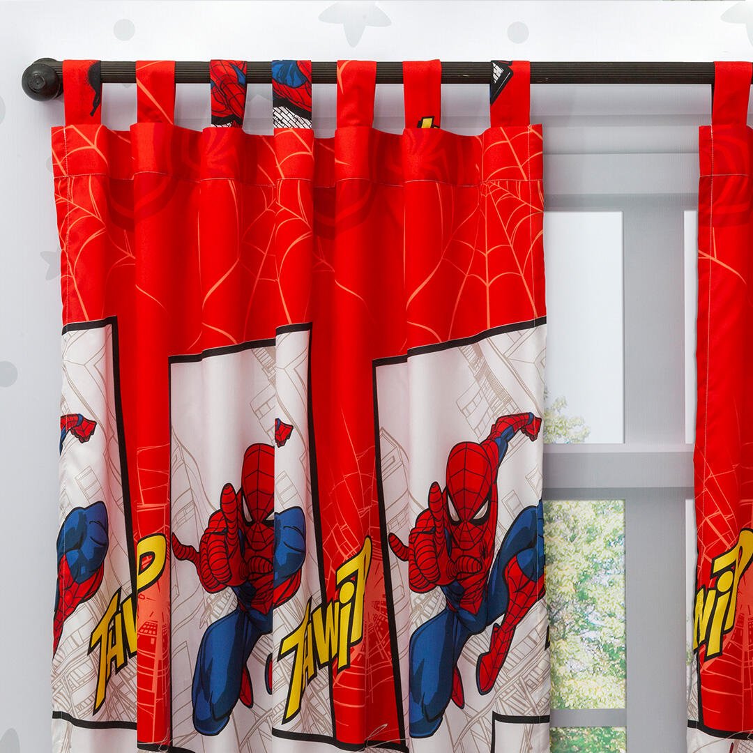 Combo Juego de Sabanas y Cortina Infantil Microfibra Doble 140 cm Rojo de Spiderman - Ropa de Cama | Bylmo