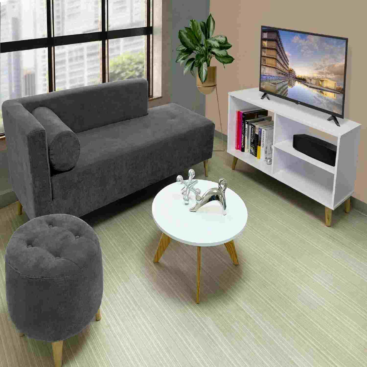 Sala Chaise Long Gris 163 cm con Sofá, Mesa de TV Blanca, Mesa de Centro Blanca y Puff Gris - Combos Sala | Bylmo