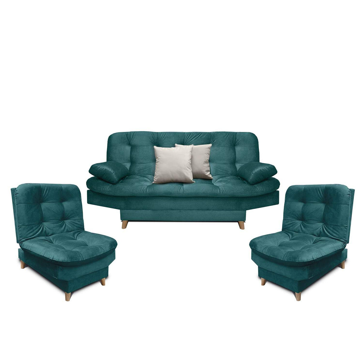 Sala Clic Clac Fendik Turquesa 210 cm con Sofá de 3 Puestos, 2 Poltronas Reclinables y Cojines Decorativos - Combos Sala | Bylmo