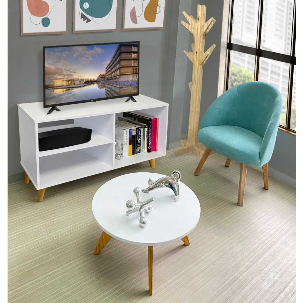 Combo Mueble de TV, Poltrona, Mesa de Centro y Perchero Blanco y Azul 110 cm - Muebles para TV | Bylmo