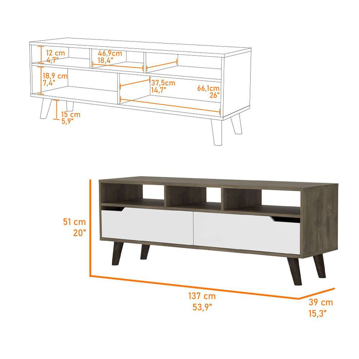 Rack Oslo Bellota y Blanco 137 cm con Dos Puertas - Muebles para TV | Bylmo