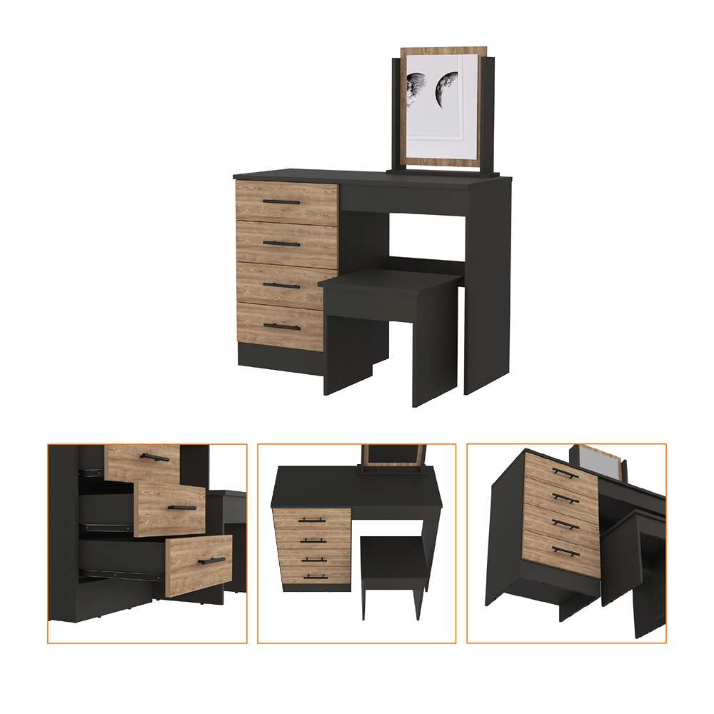 Tocador Kaia Miel y Wengue 100x42.5cm de Un Puesto con Cuatro Cajones con Espejo y con Una Silla - Cajoneras | Bylmo