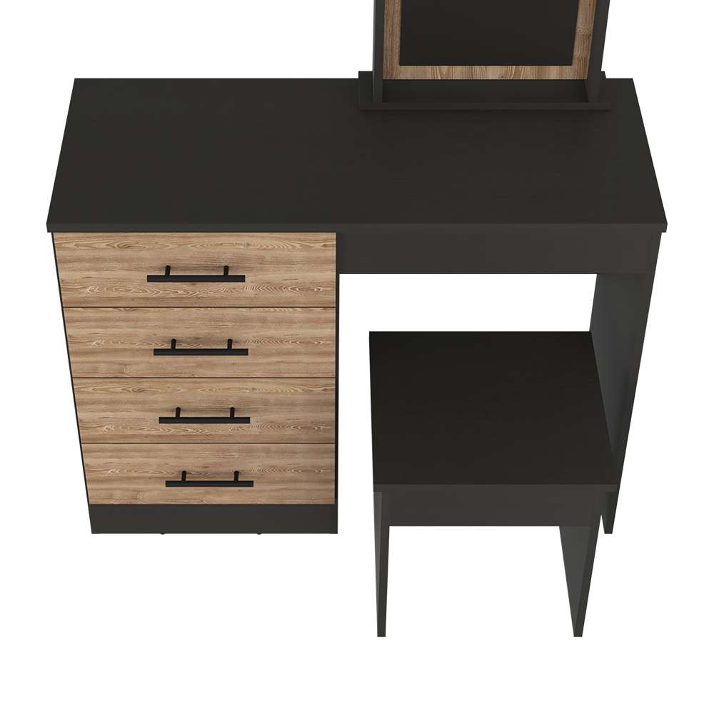 Tocador Kaia Miel y Wengue 100x42.5cm de Un Puesto con Cuatro Cajones con Espejo y con Una Silla - Cajoneras | Bylmo