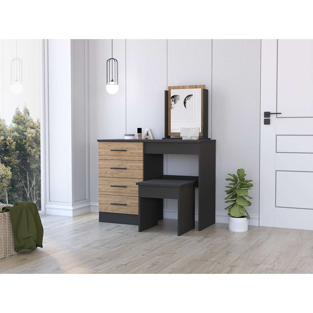 Tocador Kaia Miel y Wengue 100x42.5cm de Un Puesto con Cuatro Cajones con Espejo y con Una Silla - Cajoneras | Bylmo