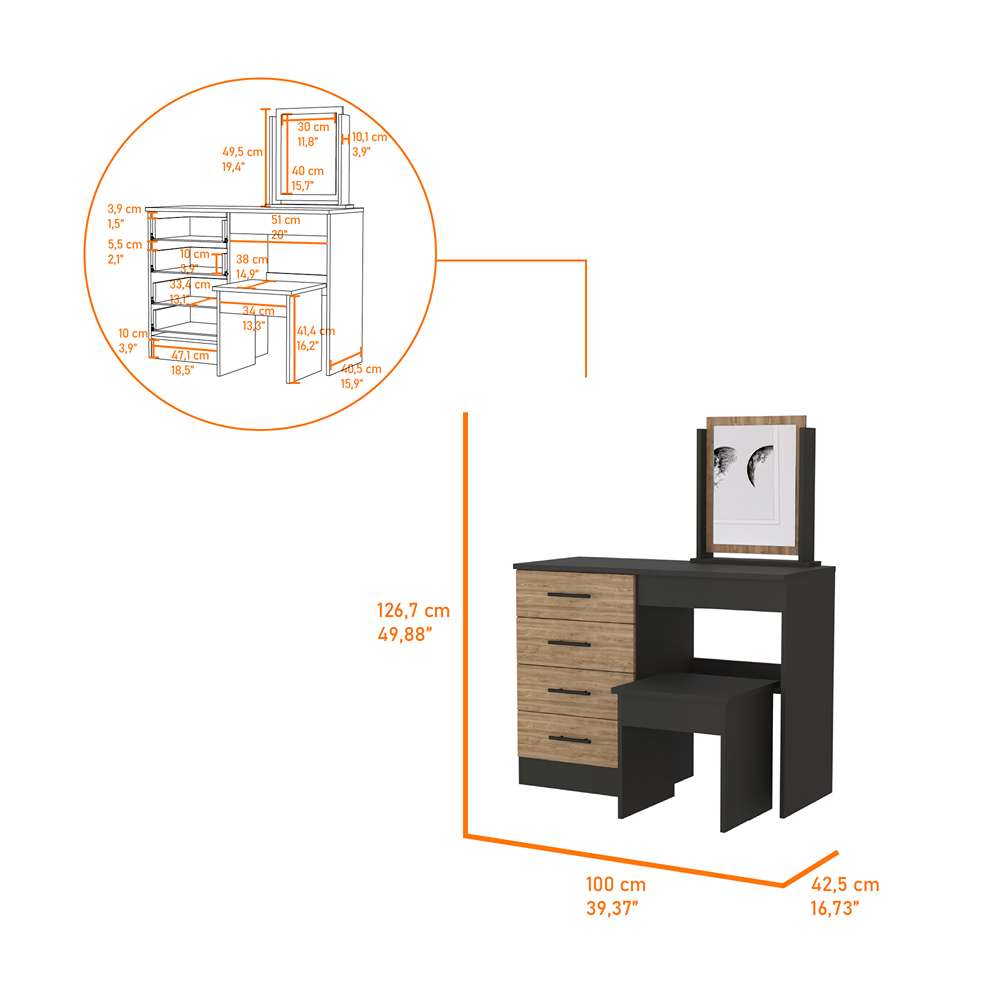 Tocador Kaia Miel y Wengue 100x42.5cm de Un Puesto con Cuatro Cajones con Espejo y con Una Silla - Cajoneras | Bylmo
