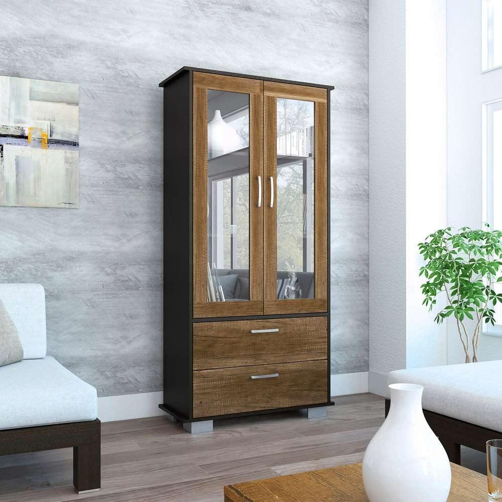 Vitrina Classic Wengue y Caramelo 80x164cm con Tres Compartimientos y con Dos Cajones - Bares | Bylmo