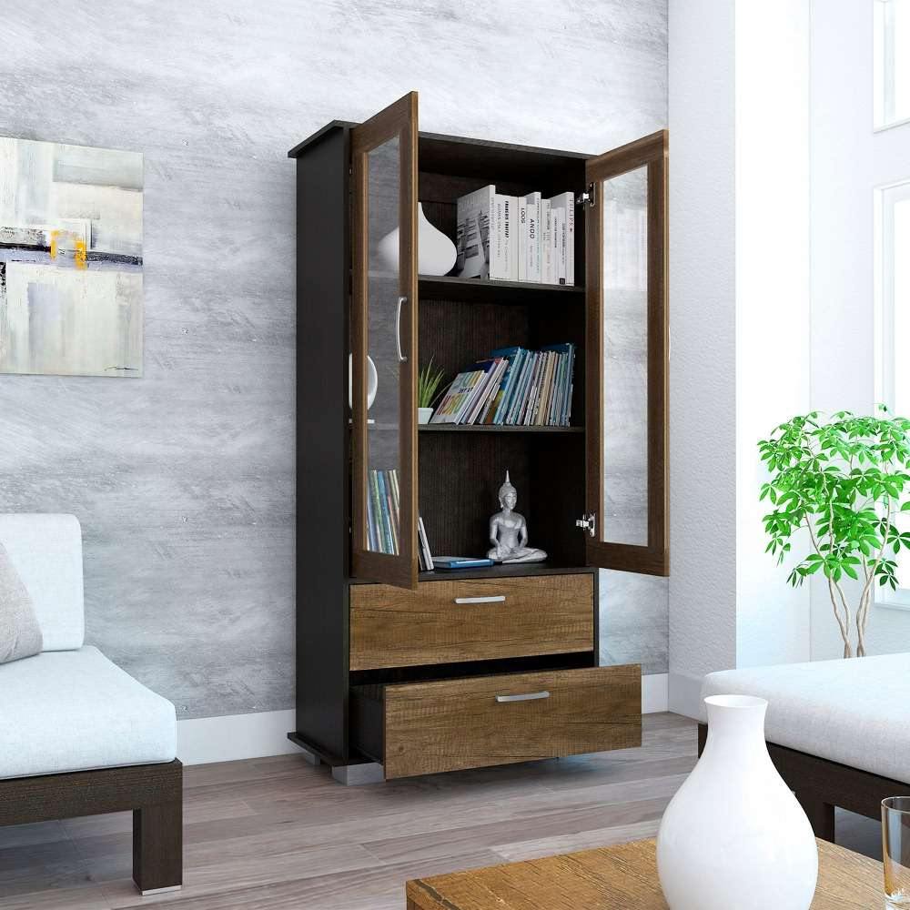 Vitrina Classic Wengue y Caramelo 80x164cm con Tres Compartimientos y con Dos Cajones - Bares | Bylmo