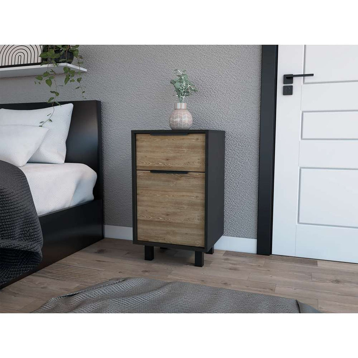 Mesa de Noche Kaia Plus Miel y Wengue 41 cm con Un Cajón y Una Puerta - Mesas de Noche | Bylmo